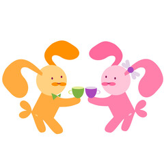 Vector illustration of hares with circles in their paws. Cute hares with tea. Isolated. Hares with large ears.