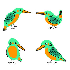 Hand drawn Kingfisher birds collection. Perfect for T-shirt, stickers, textile and print. Doodle vector illustration for decor and design. 
