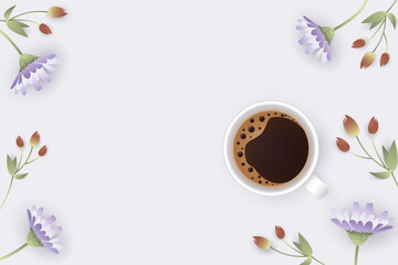 Spring background with coffee mug and flowers. Flat lay.