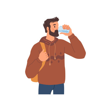 Male character drinking purified water from bottle. Vector caring for health and dieting, consuming liquid and cleansing organism from toxins. Thirsty bearded man with backpack, student or tourist
