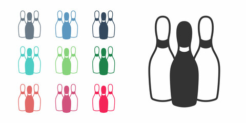 Black Bowling pin icon isolated on white background. Juggling clubs, circus skittles. Set icons colorful. Vector