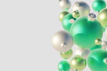 New year flying metall balls with glitter. Christmas green tree toys on white background 3d illustration