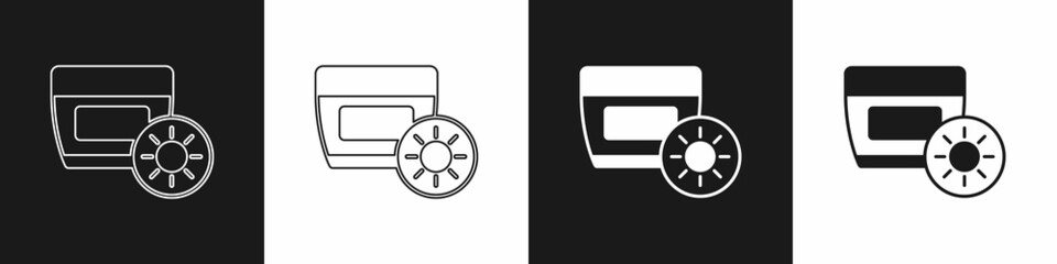 Set Sunscreen cream in tube icon isolated on black and white background. Protection for the skin from solar ultraviolet light. Vector