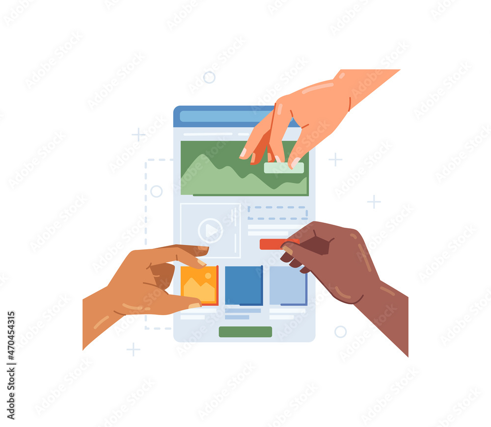 Aufkleber Web designers working on UX mobile application interface. Vector programming and user usability development, graphic and visual view of webpage or app. Hands with parts building new projects