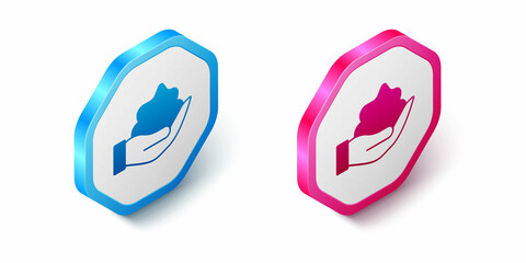 Isometric Shaving gel foam on hand icon isolated on white background. Shaving cream. Hexagon button. Vector