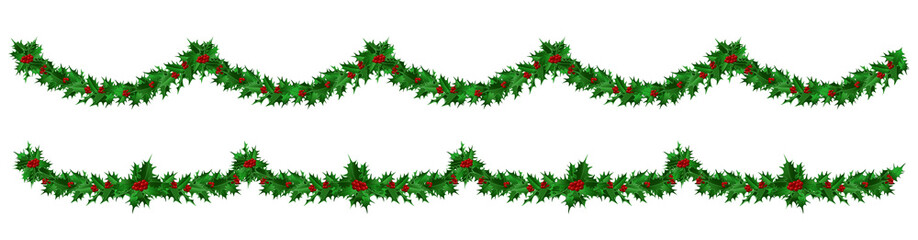 Fototapeta na wymiar Two endless garlands of holly leaves with red berries on a transparent background