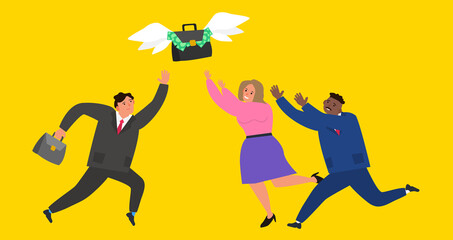 businessmen and businesswoman trying to catch a flying briefcase with money banknotes vector illustration