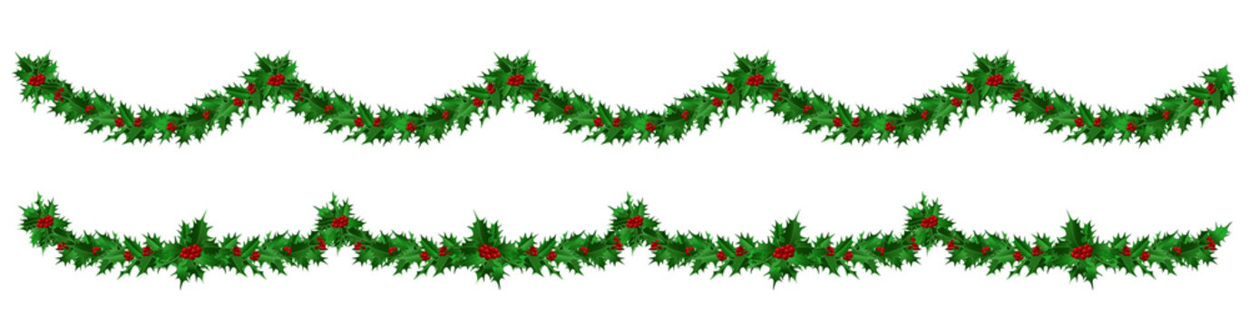 Two endless garlands of holly leaves with red berries  on a transparent background