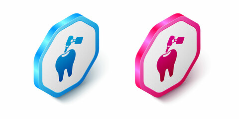 Isometric Tooth with caries and tooth drill icon isolated on white background. Tooth decay. Hexagon button. Vector