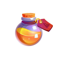 Elixir of death isolated round glass bottle with wooden cork and label. Vector sorcery toxic potion, vial container. Creepy poison Halloween party drink, evil brew accessory, perfume gui game element