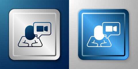 White Video chat conference icon isolated on blue and grey background. Online meeting work form home. Remote project management. Silver and blue square button. Vector
