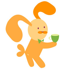 Vector illustration of a cute orange rabbit with a bow tie. The hare is drinking tea. Isolated.