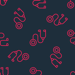 Red line Stethoscope medical instrument icon isolated seamless pattern on black background. Vector