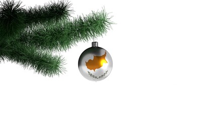 New Year's ball with the flag of Cyprus on a Christmas tree branch isolated on white background. Christmas and New Year concept.