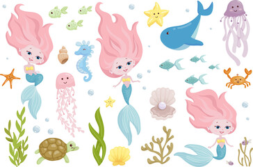 Fairy mermaid and underwater world clipart. Cartoon vector graphics.