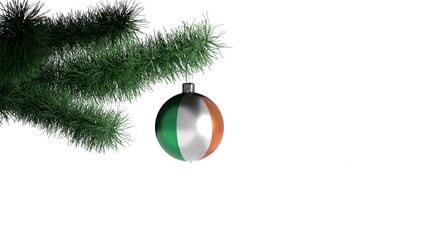 New Year's ball with the flag of Irish on a Christmas tree branch isolated on white background. Christmas and New Year concept.