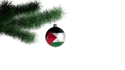 New Year's ball with the flag of Jordan on a Christmas tree branch isolated on white background....
