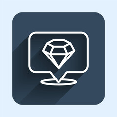 White line Diamond icon isolated with long shadow background. Jewelry symbol. Gem stone. Blue square button. Vector