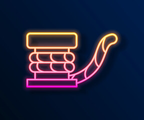 Glowing neon line Marine bollard with rope tied on pier icon isolated on black background. Vector