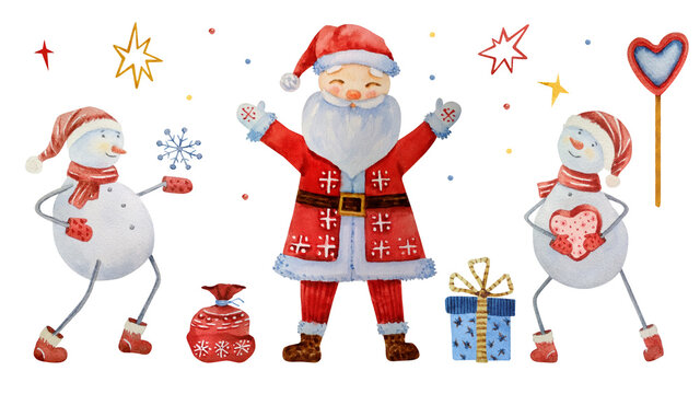 Watercolor set. Santa Claus and Christmas snowmen. Cute illustration with fabulous funny characters, stars, sweets and gifts. Hand-drawn characters isolated on a white background for wrappers