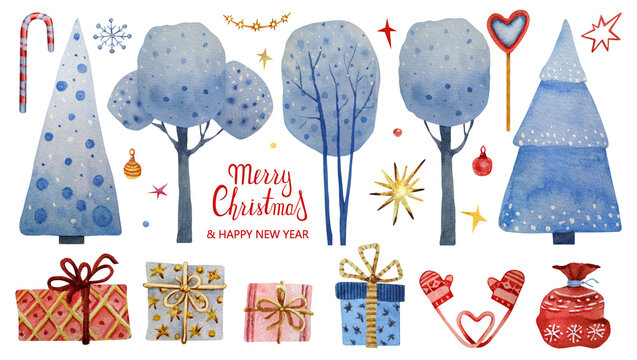 Watercolor Christmas set of decorative Christmas trees. Cute winter illustration with trees and Christmas trees in the snow, gifts, garlands and stars. Hand-drawn elements isolated