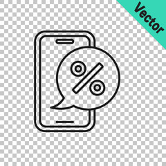 Black line Percent discount on mobile phone icon isolated on transparent background. Sale percentage - price label, tag. Vector