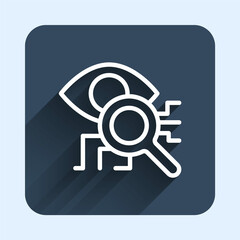 White line Eye scan icon isolated with long shadow background. Retinal scan. Scanning eye. Security check symbol. Cyber eye sign. Blue square button. Vector