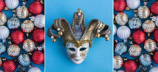 Christmas collage of colored balls and carnival mask and on the blue background. Close-up.