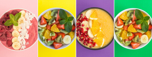 Collage of smoothie bowls and fruit salad  on the colored background. Top view. Close-up. Healthy food.