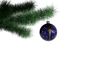 New Year ball with the flag of Indiana, USA on a Christmas tree branch isolated on white background. Christmas and New Year concept.