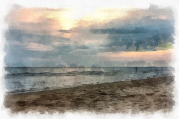 seaside beach landscape watercolor style illustration impressionist painting.