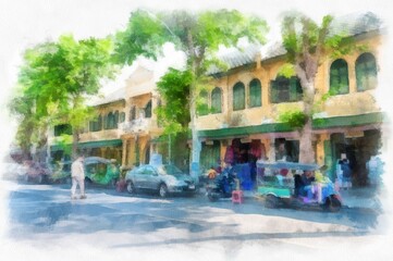 Ancient architecture of Thailand watercolor style illustration impressionist painting.