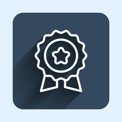 White line Medal with star icon isolated with long shadow background. Winner symbol. Blue square button. Vector