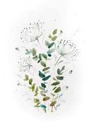 eucalyptus floral bunches. Floral pastel watercolor style wedding bouquets, isolated and editable
