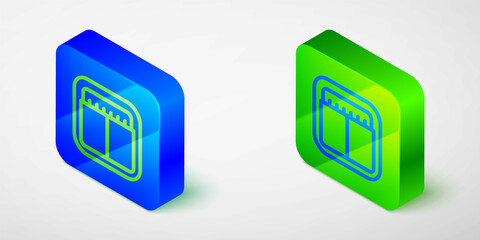 Isometric line Sport mechanical scoreboard and result display icon isolated on grey background. Blue and green square button. Vector