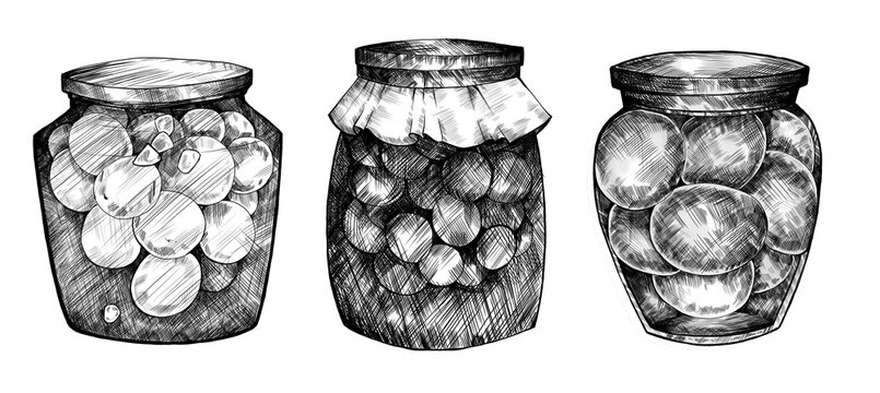 Fruit jam glass jar drawing. Jelly and marmalade with strawberry, hand drawn