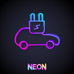 Glowing neon line Electric car and electrical cable plug charging icon isolated on black background. Renewable eco technologies. Vector