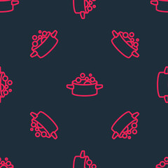 Red line Cooking pot icon isolated seamless pattern on black background. Boil or stew food symbol. Vector