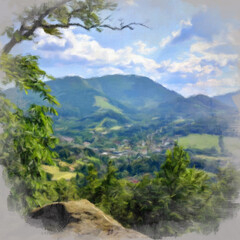 Obraz premium Beautiful landscape painting art in big size. Nature scene drawing artwork. Illustration for design digital or print work - poster, postcard, canvas, paper and else touristic production.