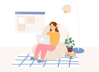 A woman is sitting on a beanbag and working on a computer in a comfortable position. flat design style vector illustration.