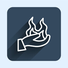White line Hand holding a fire icon isolated with long shadow background. Blue square button. Vector