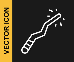 White line Magic wand icon isolated on black background. Star shape magic accessory. Magical power. Happy Halloween party. Vector