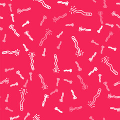 White line Magic wand icon isolated seamless pattern on red background. Star shape magic accessory. Magical power. Happy Halloween party. Vector