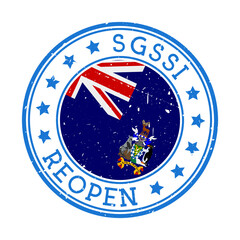 SGSSI Reopening Stamp. Round badge of country with flag of SGSSI. Reopening after lockdown sign. Vector illustration.