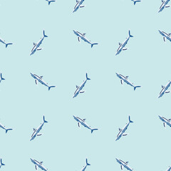 Seamless pattern Blue shark on light turquoise background. Texture of marine fish for any purpose.