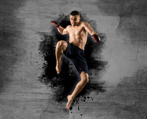 Obraz premium MMA male fighter jumping. Sports banner