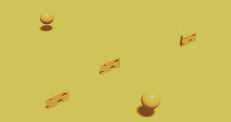Render with yellow background with pieces of cheese in isometric