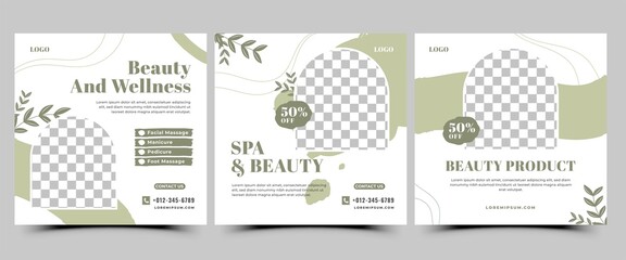 Set of Spa and Massage Social Media Template. Square Banner Template with Abstract Green Shape and Place for the Photo. Suitable for social media post, flyer, banner, and web internet ads.