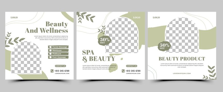 Set of Spa and Massage Social Media Template. Square Banner Template with Abstract Green Shape and Place for the Photo. Suitable for social media post, flyer, banner, and web internet ads.