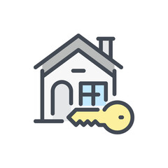 Home access color line icon. House building with key vector outline colorful sign.